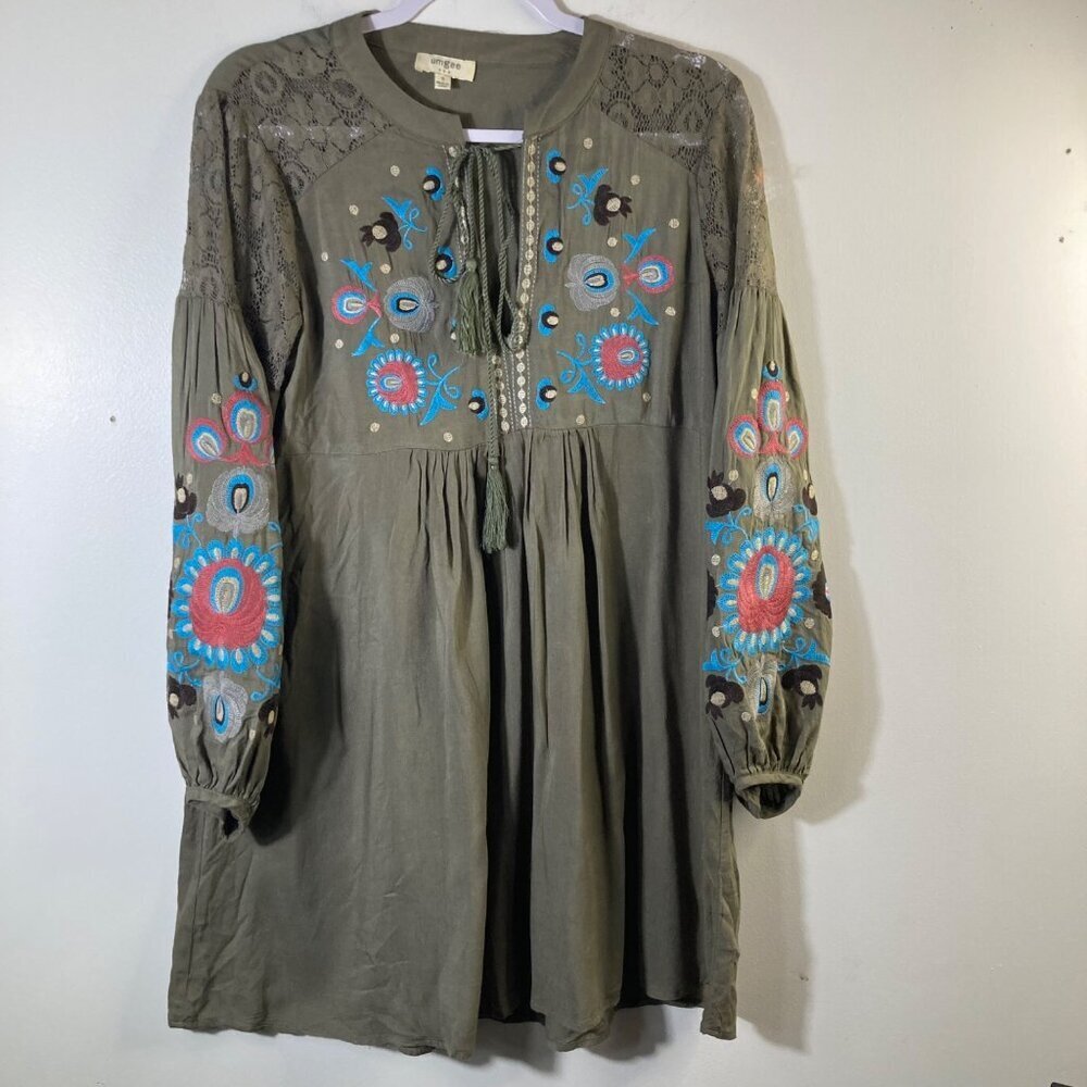 Womens Umgee V Neck Embroidered Tunic Dress Olive Green S Cotton Poly